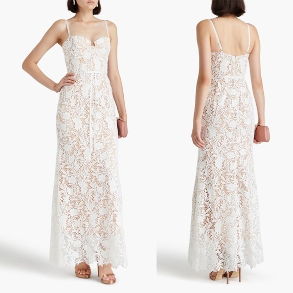 Marchesa Notte Guipure Lace Floral White Beige Maxi Dress Gown XS (0)
